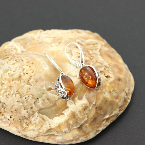 Sterling silver earrings with natural Baltic amber, amber drop earrings, dangle - Picture 3 of 14
